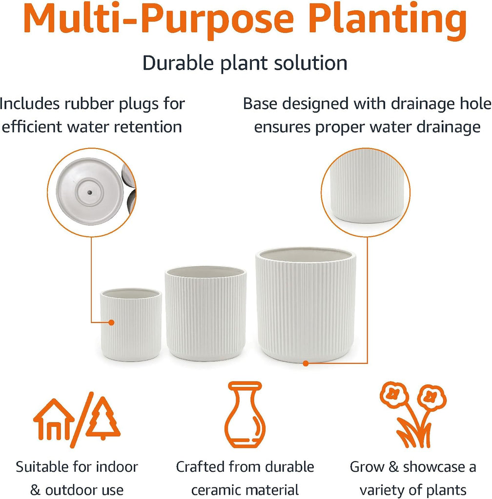 Fluted Ceramic Planters for Indoor Outdoor Plants, Round Flower Pots with Drainage Hole, Set of 3, 6 inch, 8 inch, 10