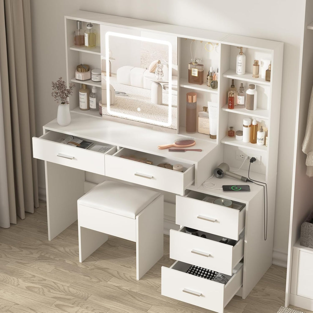 Vanity Desk with Mirror and Lights, Makeup Vanity with 5 Drawers, Makeup Desk with Charging Station and Ample