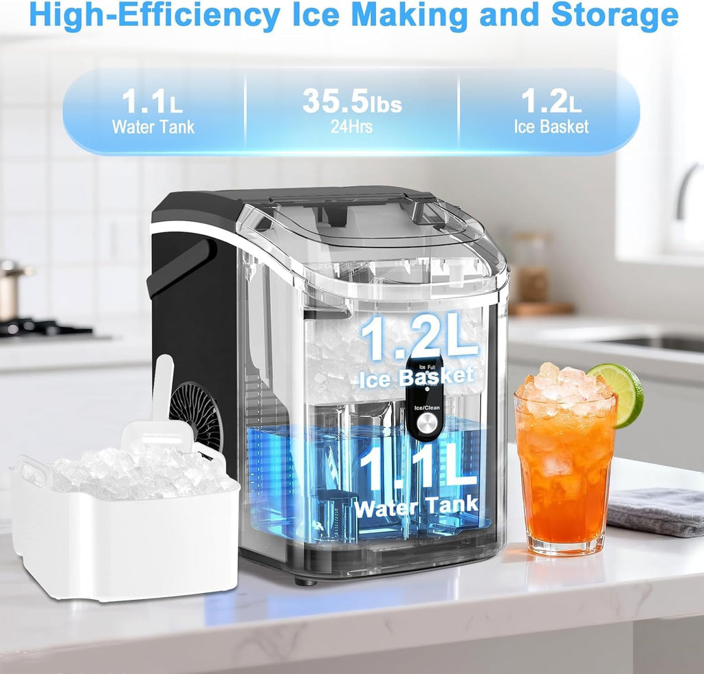 Nugget Ice Maker Countertop with Handle, Chewable Pellet Ice Maker with Self-Cleaning, 35.5Lbs/24Hrs, Ready in 6