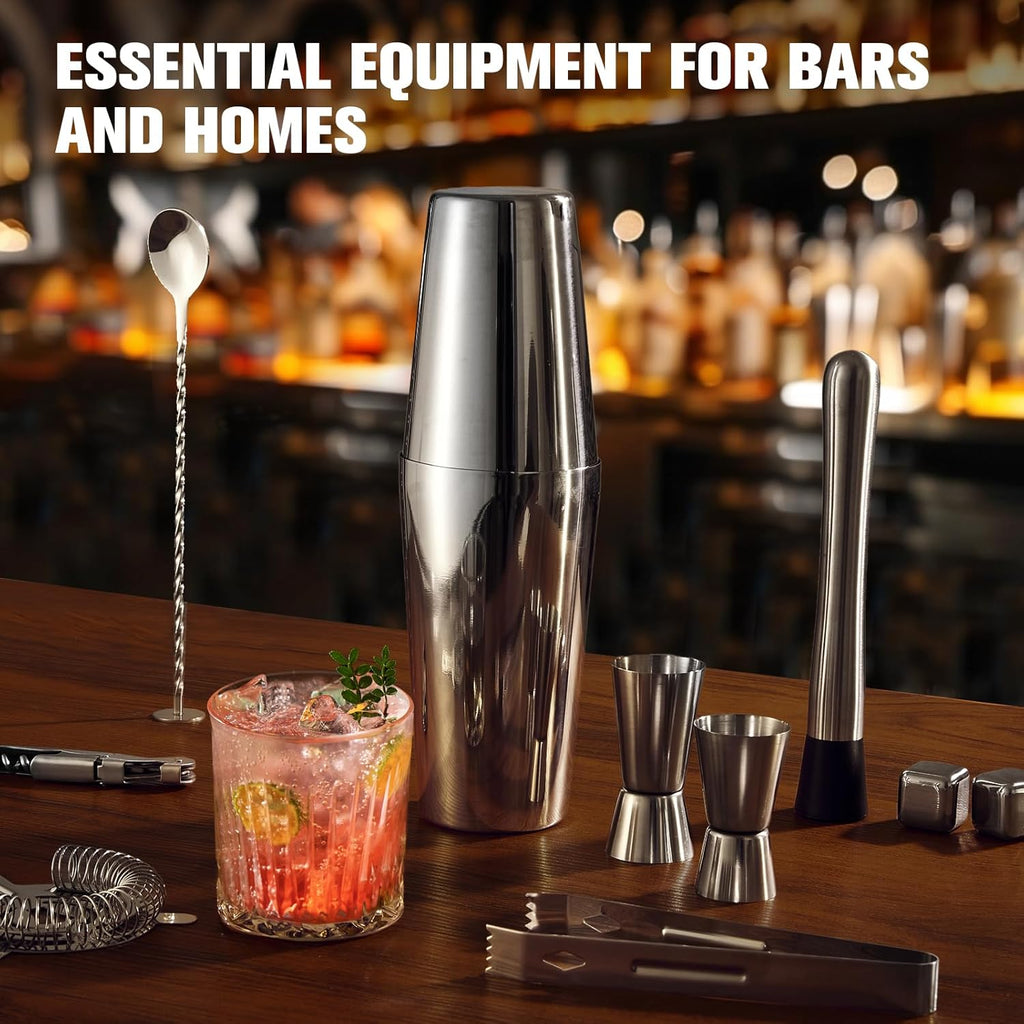 Cocktail Shaker Set Bartender Kit, Stainless Steel Boston Bar Tools Drink Mixer Set with Stand & Recipe Booklet