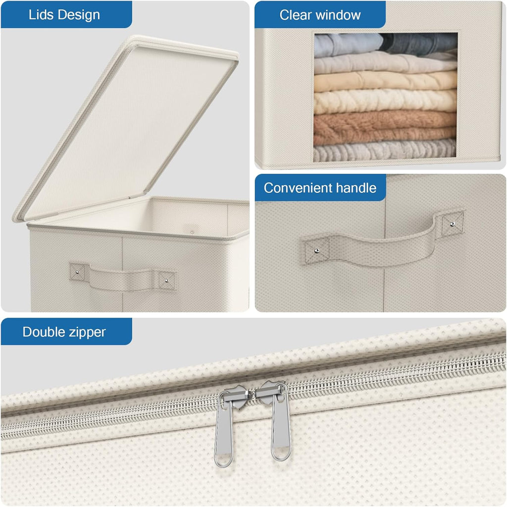 Fabric Storage Bins with Lid Sweater Closet Organizer, Beige,4 Pack | Stackable, Smooth Zipper, Clear Window, Cloth