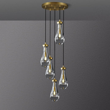 5-Light Raindrop Pendant Light Fixtures, Brass Glass Pendant Lighting, Teardrops Modern Hanging Light for Entryway Foyer Kitchen Island Dining Living Room Hallway