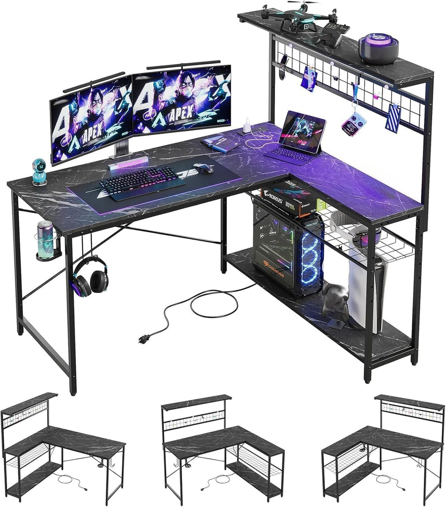 42 L Shaped Gaming Desk, Computer Desk with Power Outlets & LED Light, Reversible Corner Desk with Shelves