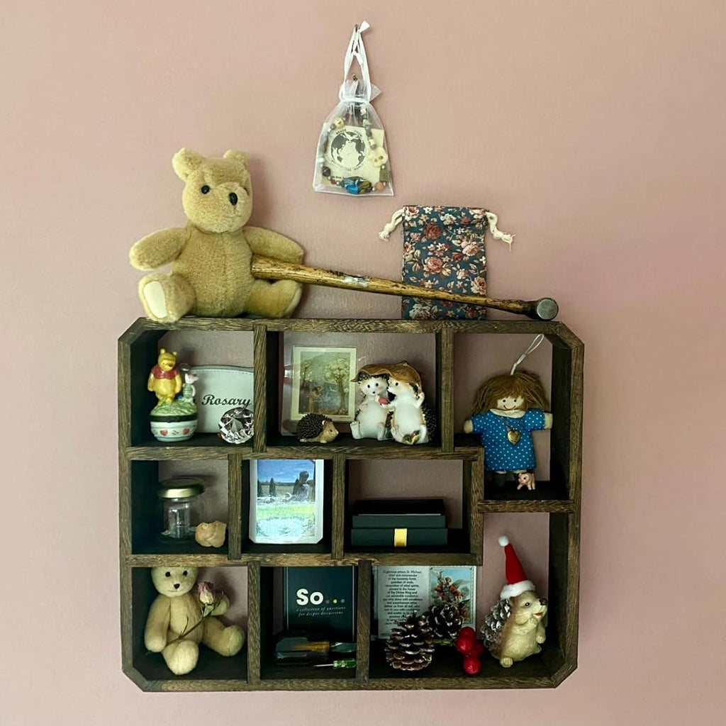 Rustic Shadow Box Display Shelf, 9 Compartments Wood Hanging Display Floating Shelves, Multi-Slot Wall Mounted or
