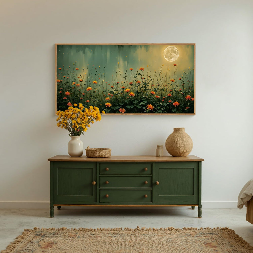 Mystical Midnight Wildflower Framed Canvas Wall Art Set,Moonlit Orange Floral Wall Decor,Nature Inspired Landscape
