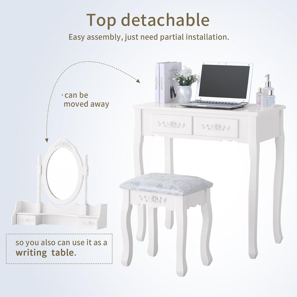 Vanity Table Set with 4 Drawer,Makeup Dressing Table w/Cushioned Stool,Girls Women Bedroom Furniture Set Oval Mirror