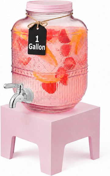 Beverage Dispenser 1 Gallon (16 Cups), Drink Dispenser, Wooden Stand, Pink