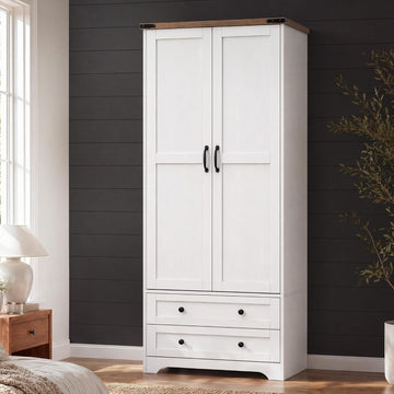 71" Wooden Armoire Wardrobe Closet with 2 Doors & 2 Drawers, White | Modern Tall Storage Cabinet with Adjustable