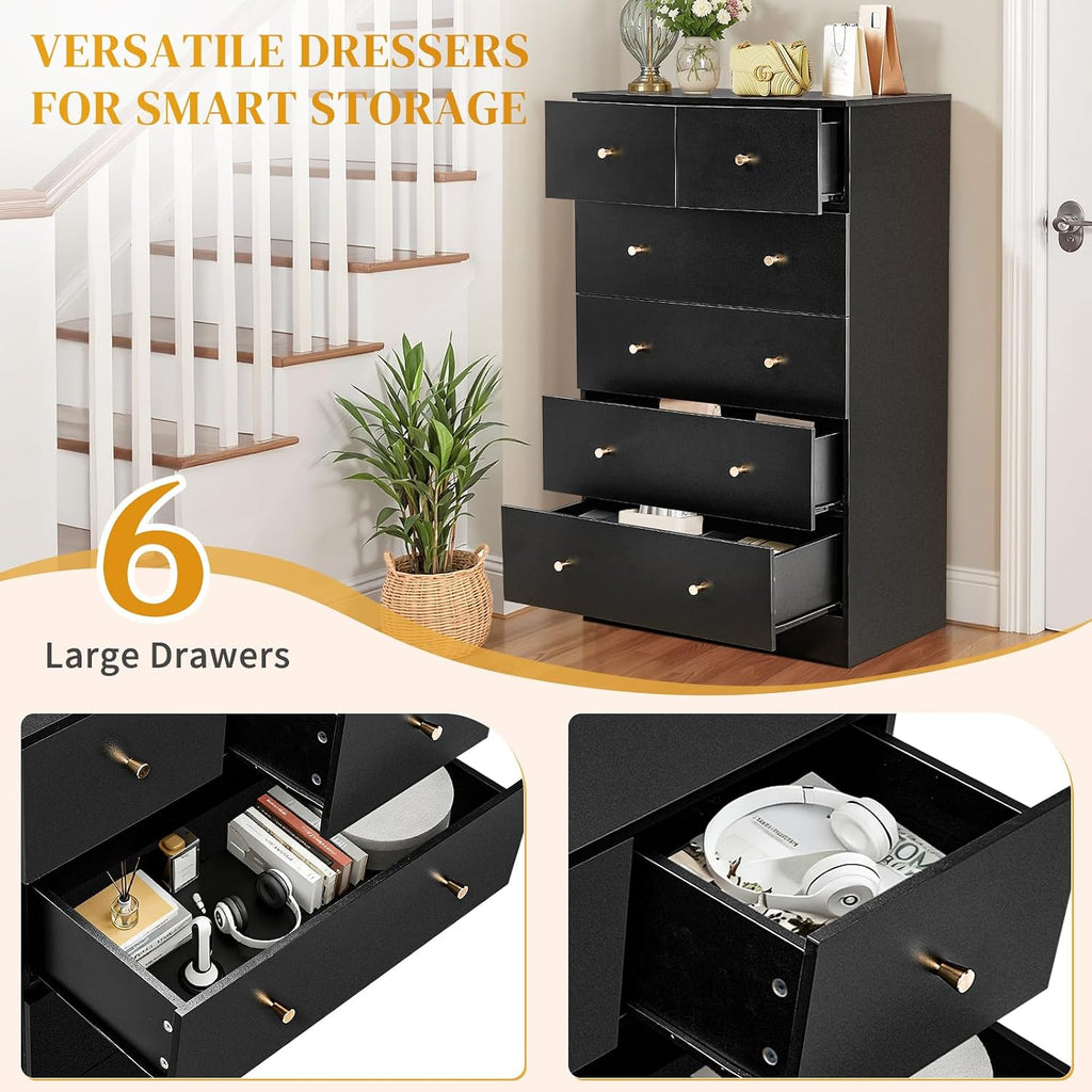 Black 6 Drawer Dresser, Rose Gold Handle Modern Bedroom Chest | Modern Wood Storage Dresser with Anti-Tipping Device