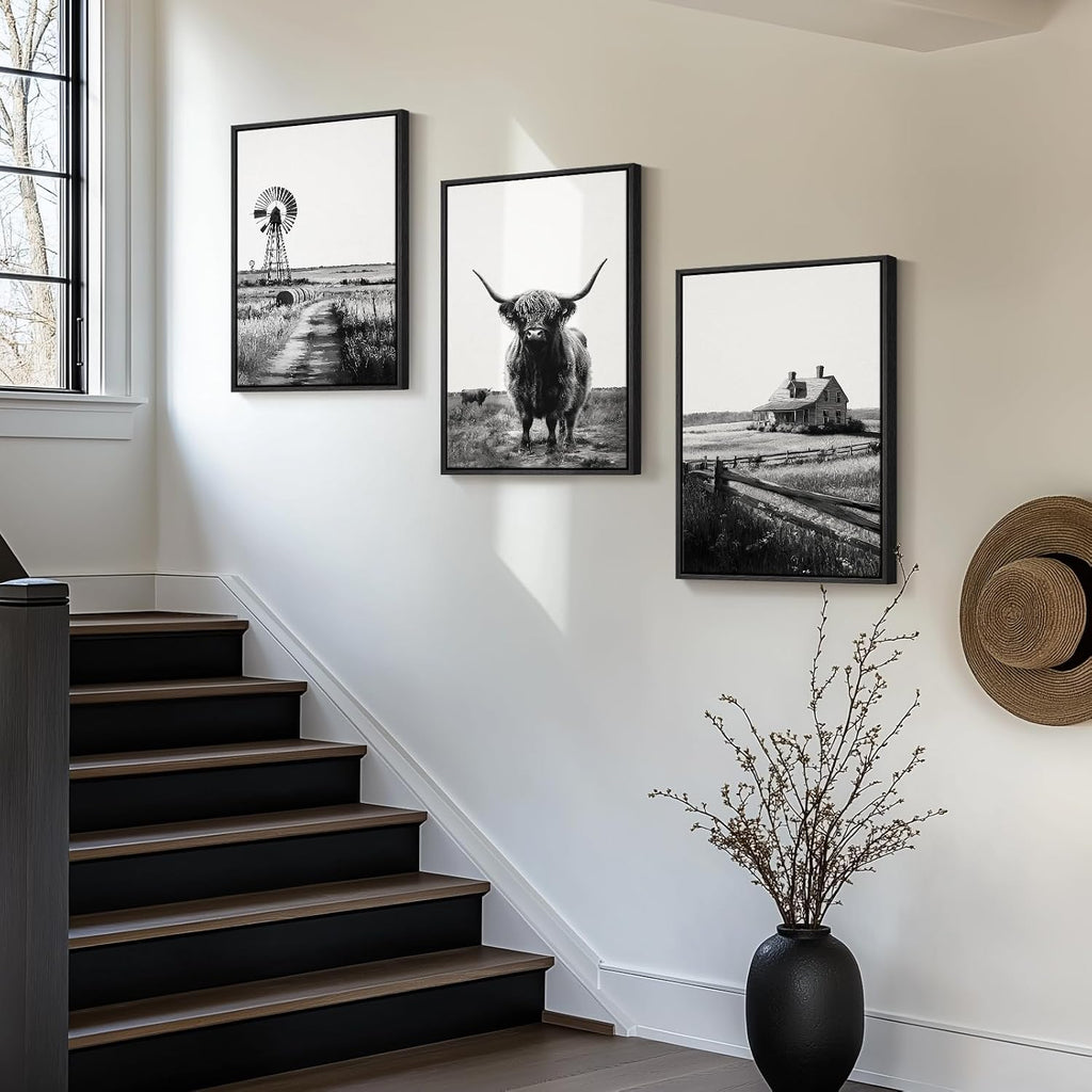 Framed Highland Cow Wall Art , 3 Piece Black and White Farmhouse Canvas Artwork for Walls, Vintage Rustic Barn