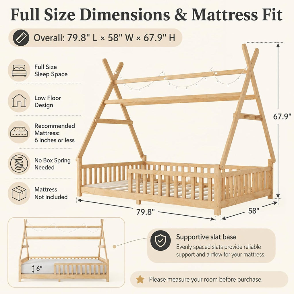 Full Size Montessori Floor Bed with Guardrails and LED Light, Tent-Shaped Full House Bed for Kids, Wood Full Bed