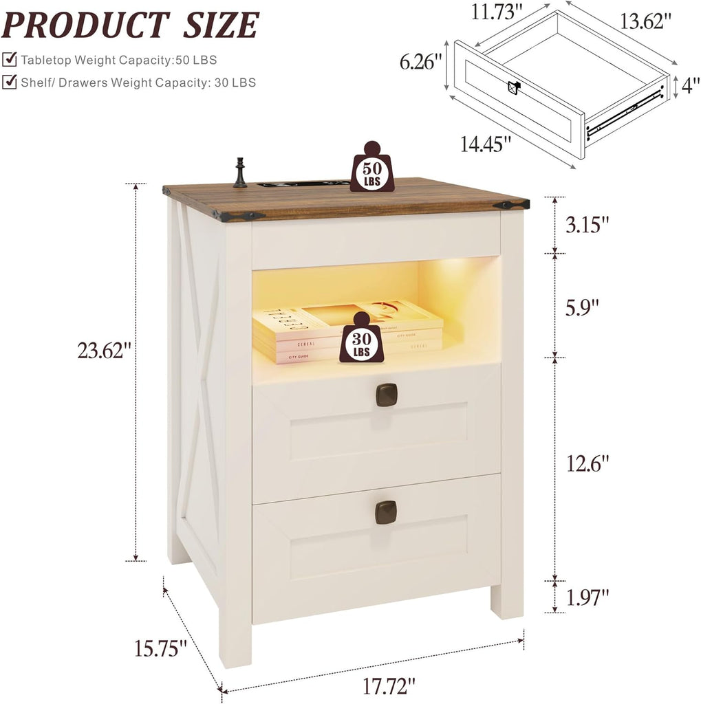 LED Nightstand Set of 2 with Gun Drawer: Bedside Table with Charging Station Furniture - Farmhouse Night Stand with 3
