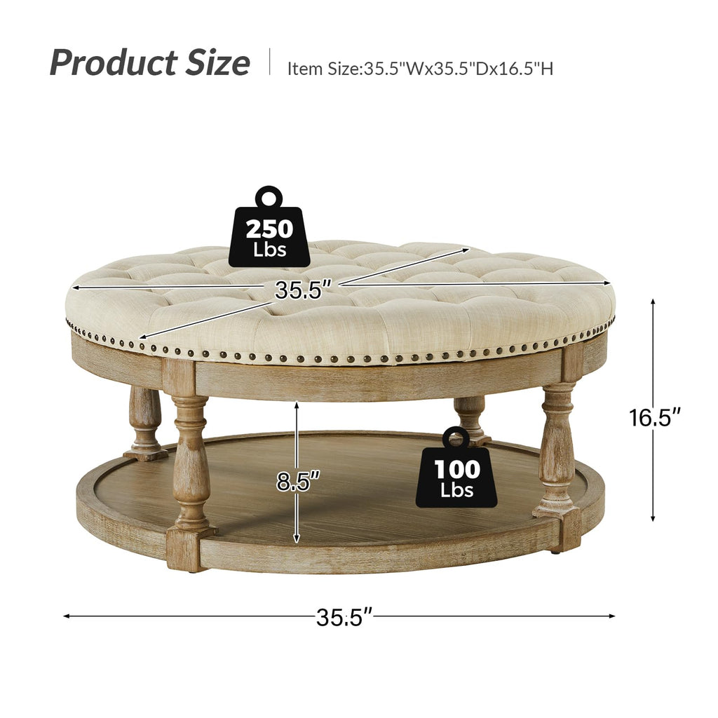 Large Round Ottoman Coffee Table, 2-Tier Oversized Button Tufted Ottoman, with Wood Shelf Storage Farmhouse
