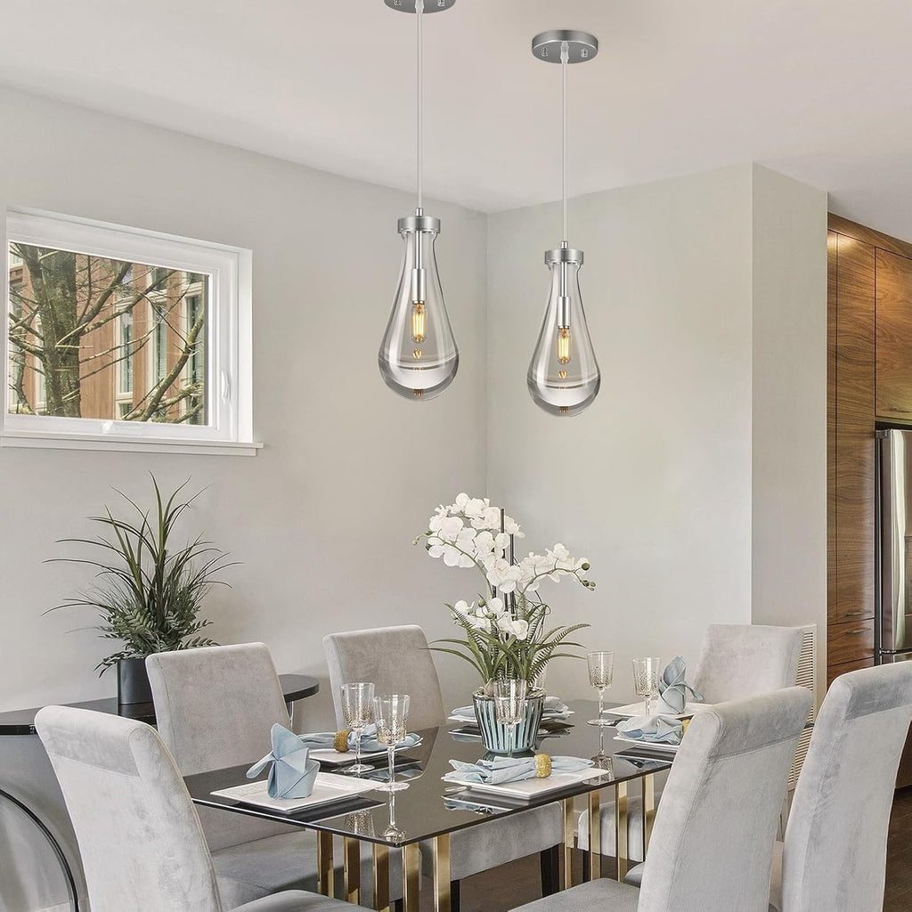 Raindrop Pendant Lights Kitchen Island Teardrop Chrome Hanging Light Fixtures Clear Solid Glass Pendant Light Modern Chandeliers for Dining Room Porch Corridor Living Room