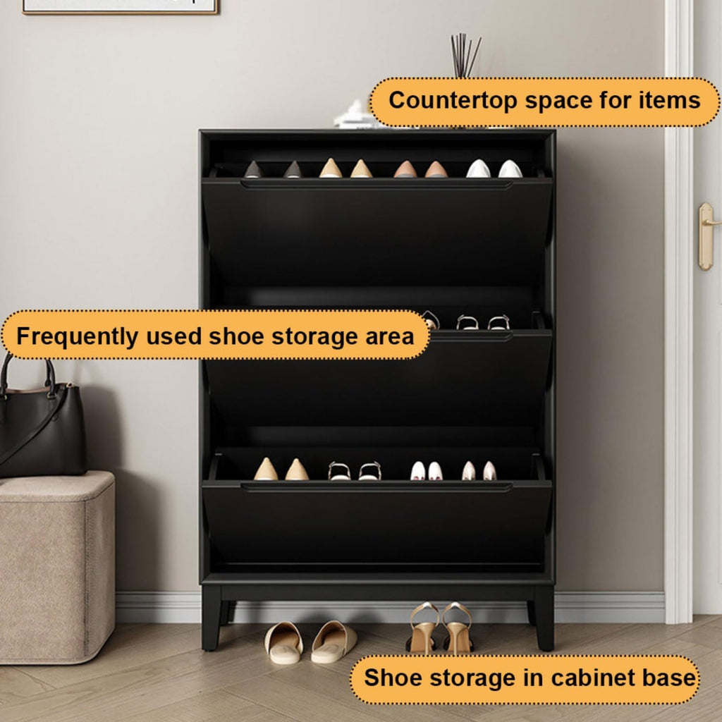 Organizer Rack,3-Tier Flip-Top Solid Wood Shoe Cabinet,Sturdy Solid Wood,Space-Saving Narrow Style, Dust-Proof,with