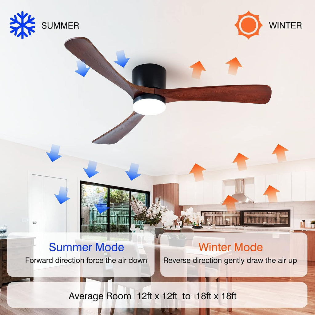 Modern 52 Inch Low Profile Flush Mount Ceiling Hugger Fan with LED Lights and Remote Control - 3 Wood Blades, Reversible DC Motor, 6 Speeds, Timer - Walnut and Matte Black