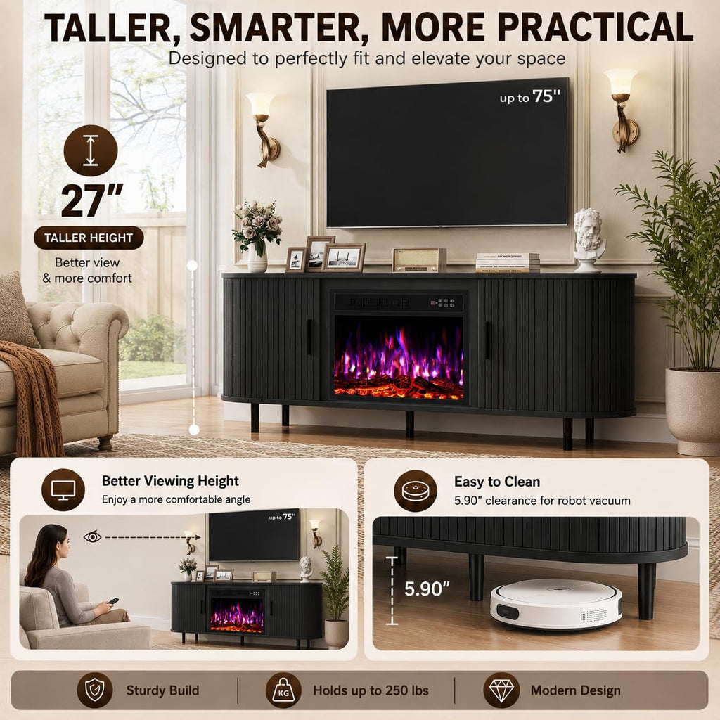 65'' Mid Century Modern Fluted TV Stand with 23" Fireplace, Curved Fireplace Entertainment Center for TVs Up to 75