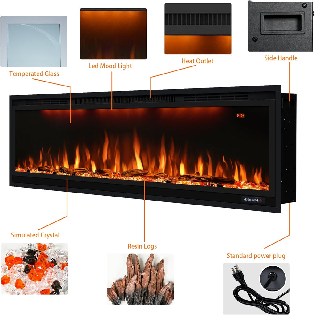 Smart 50 inch WiFi-Enabled Electric Fireplace Inserts, Wall Mount & in Wall recessed Fireplace Heater