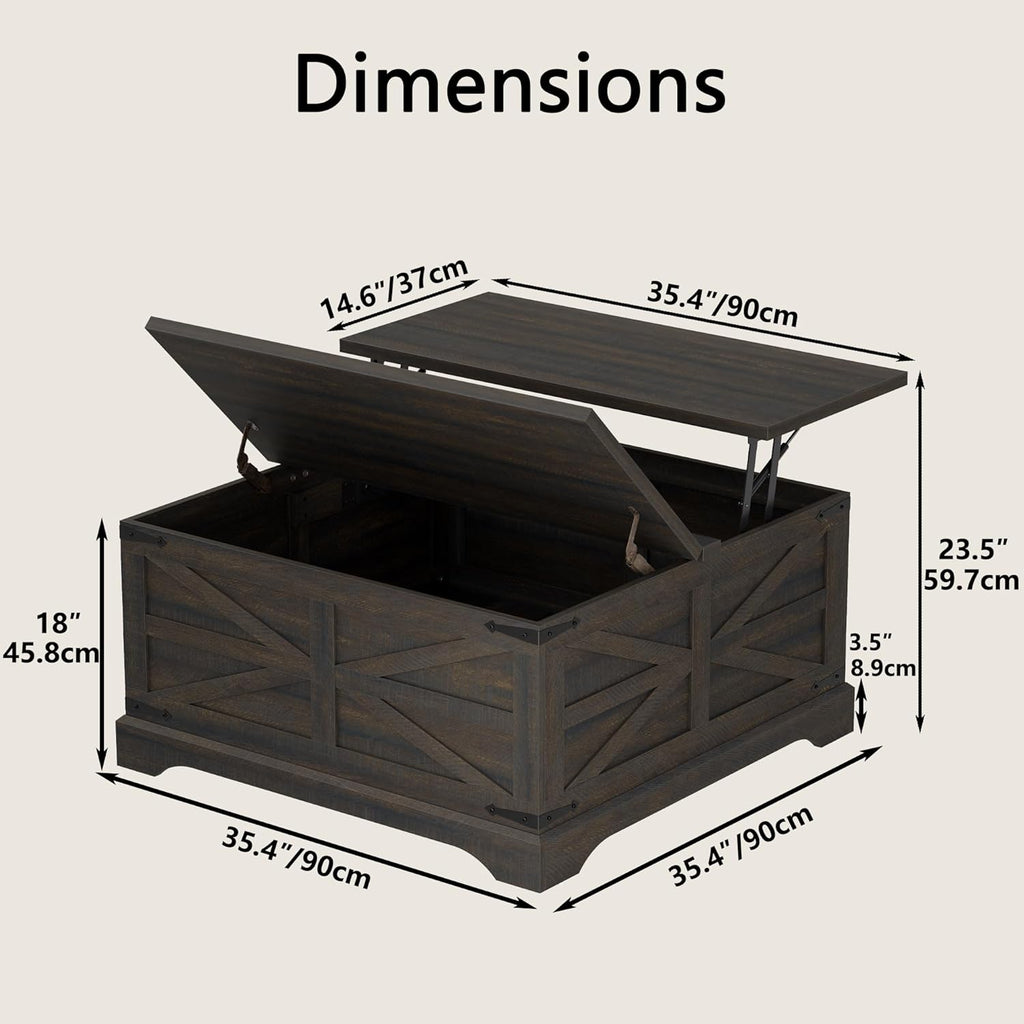 35.5''W Square Coffee Table Farmhouse Lift top Coffee Table with Large Hidden Storage, Wood Center Table, Dark Brown