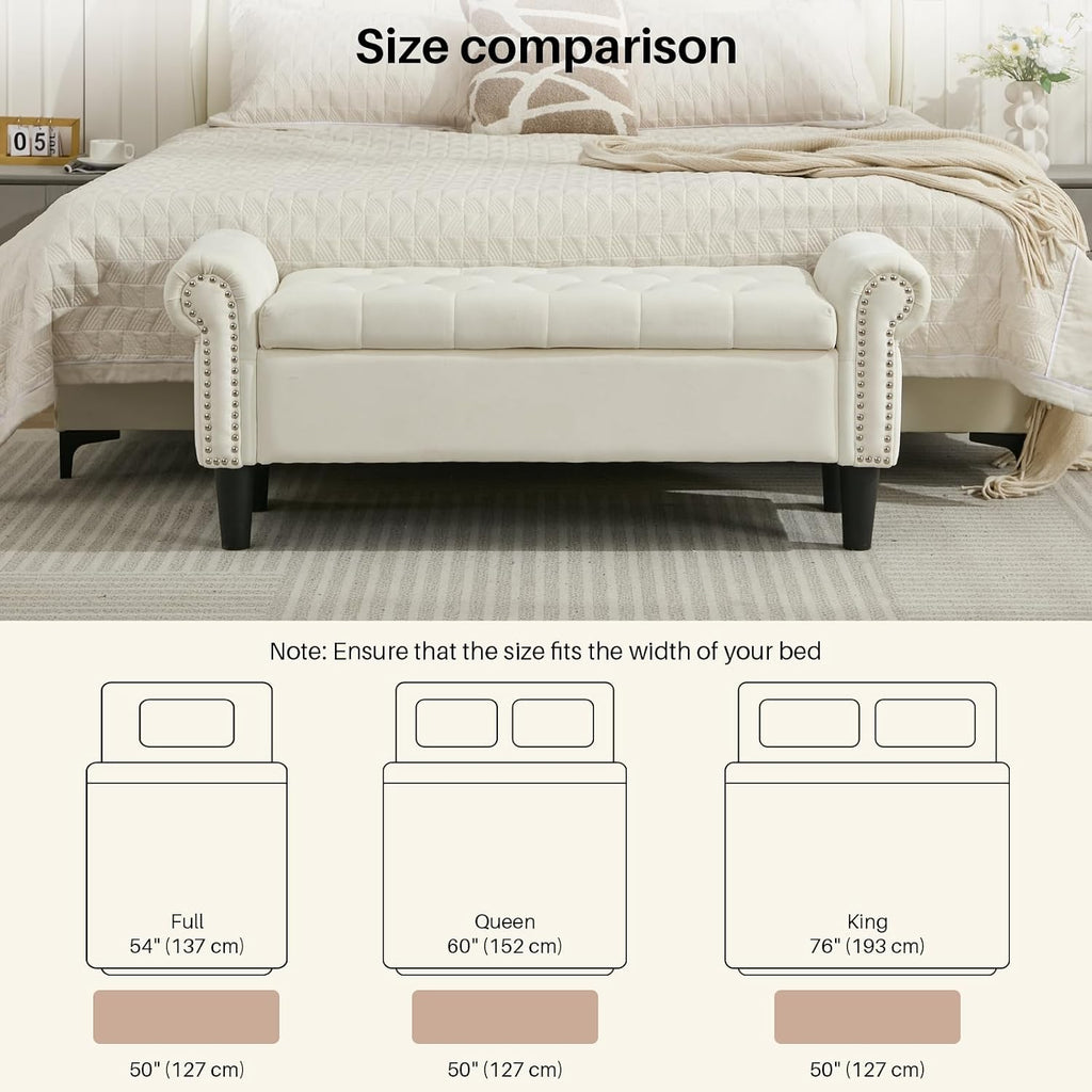 50" Storage Bench , Velvet Upholstered, Beige | End of Bedroom Bed Bench Ottoman with Tufted Cushioned Rolled Arm