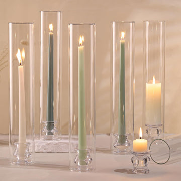 Hurricane Glass Candle Holders- Set of 6 Candlestick Holders for Taper Candles with Windproof Cylinder Covers 14"