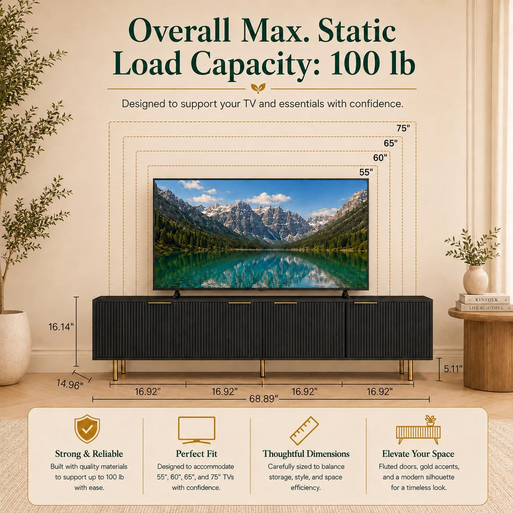 Modern Black with Storage Cabinets, 68 Inch TV Console, Fits 75 Inch TV, Farmhouse Style Media Stand with Grooved