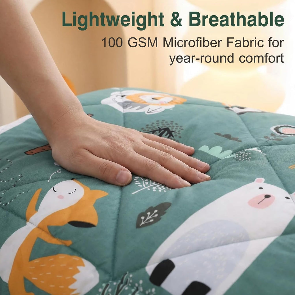 Green Forest Animals Kids Comforter Set, 2 Piece Woodland Printed Microfiber Bedding Set, Machine Washable