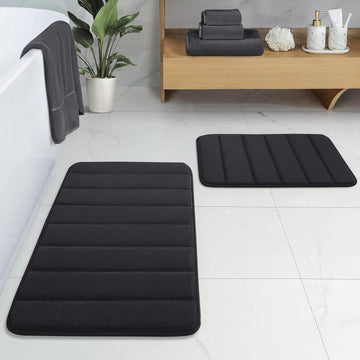 Bathroom Rugs Sets 2 Piece, Memory Foam Non Slip Extra Soft Absorbent Machine Washable Toilet Bath Mats (Black