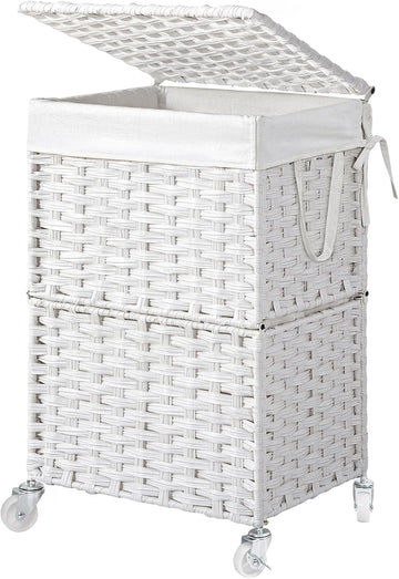 Wicker Laundry Basket with Wheels,Rolling Laundry Hamper with Lid | 90L Slim Clothes Hamper with Wheels & Removable