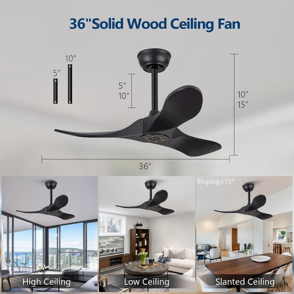 Inspired Maverick Style 36 Inch Solid Wood Black Ceiling Fan with Remote,Ceiling Fan no Light,6 Speeds,Noiseless,Reversible DC Motor,Modern Ceiling Fans without Lights for Bedroom Farmhouse Kids Room
