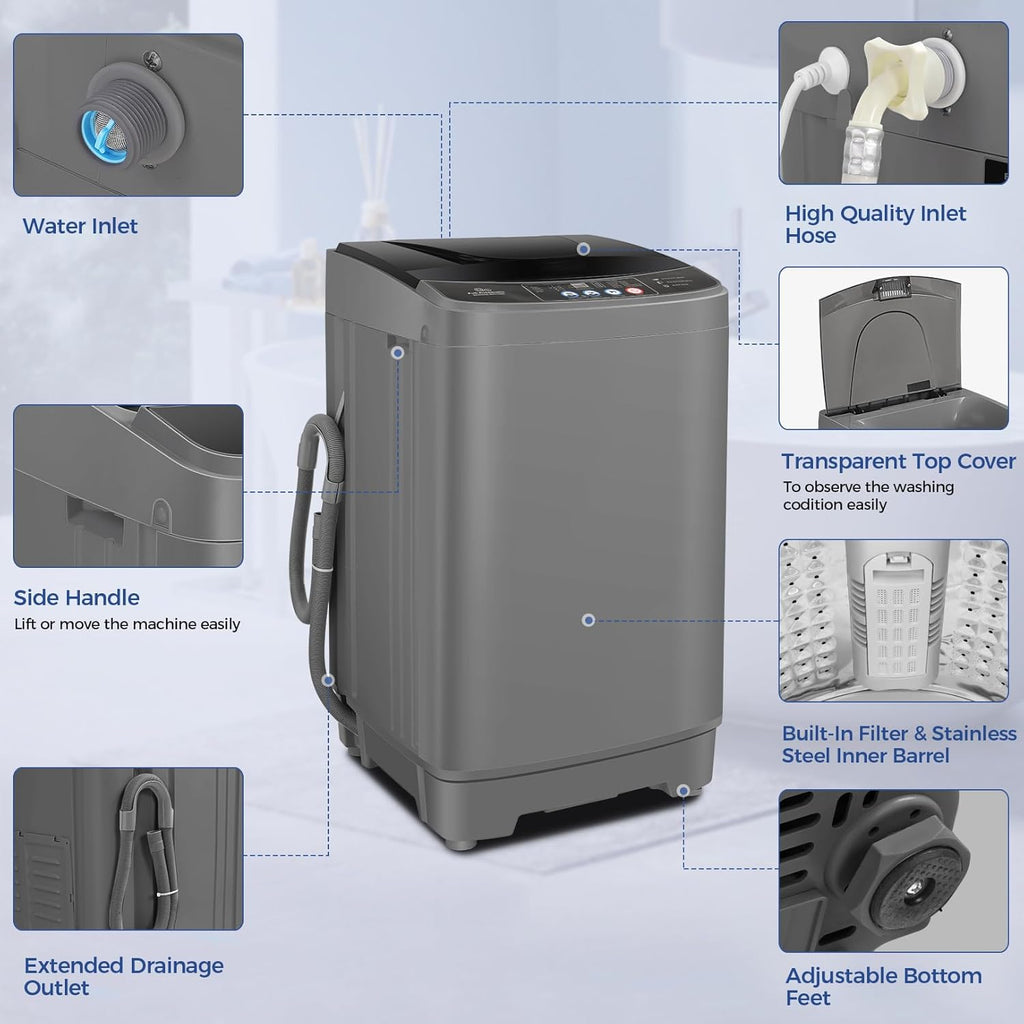 Portable Washing Machine, 20Lbs Capacity Full-Automatic Portable Washer Machine, 2.8Cu.ft Washer and Dryer Combo with Drain Pump, 10 Programs & 8 Water Levels for Apartment, Dorms, RV