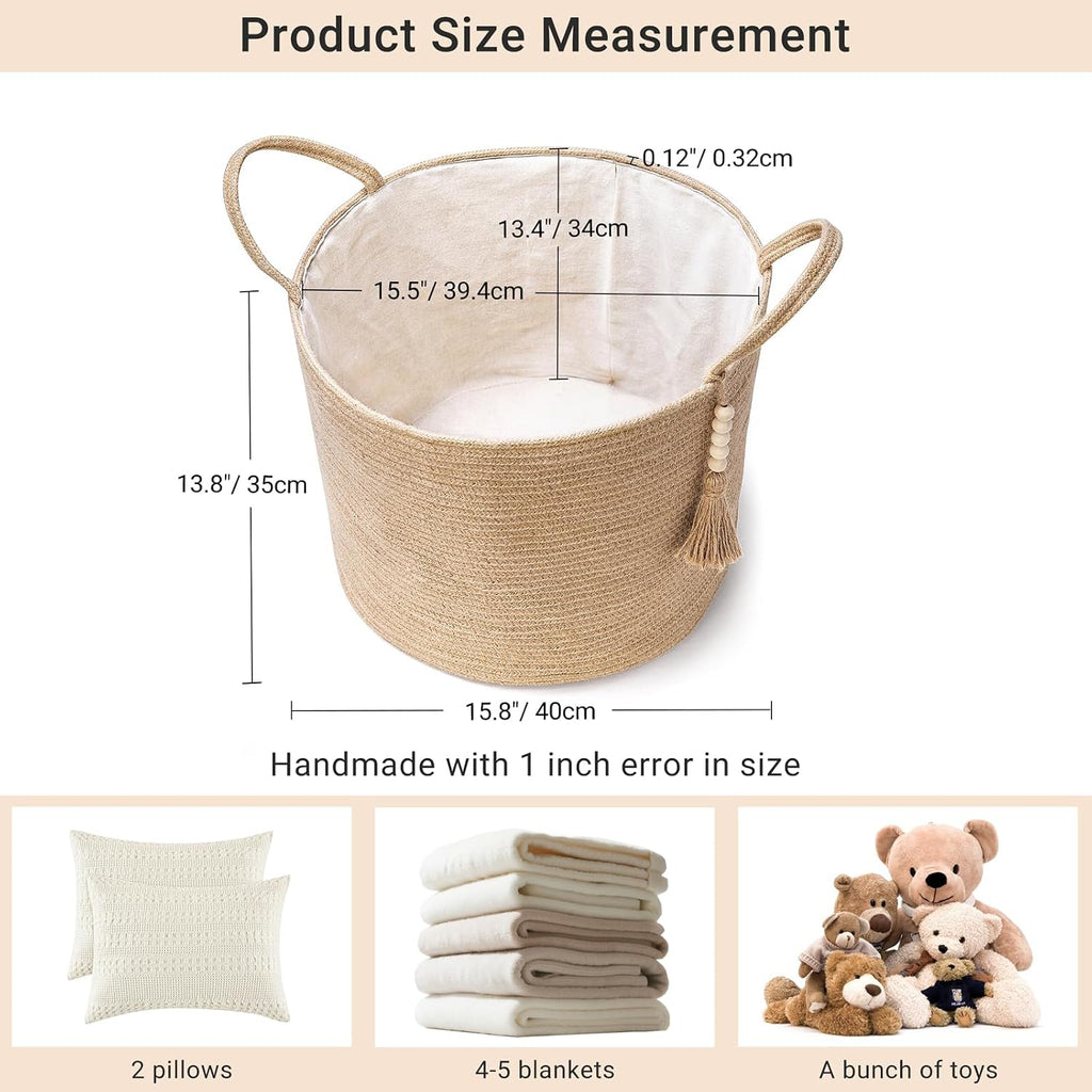 Woven Storage Basket for Blanket, Toys Plant Organizer, 16"W x 13.8"L | Brown, Jute, Decorative Basket with Handle