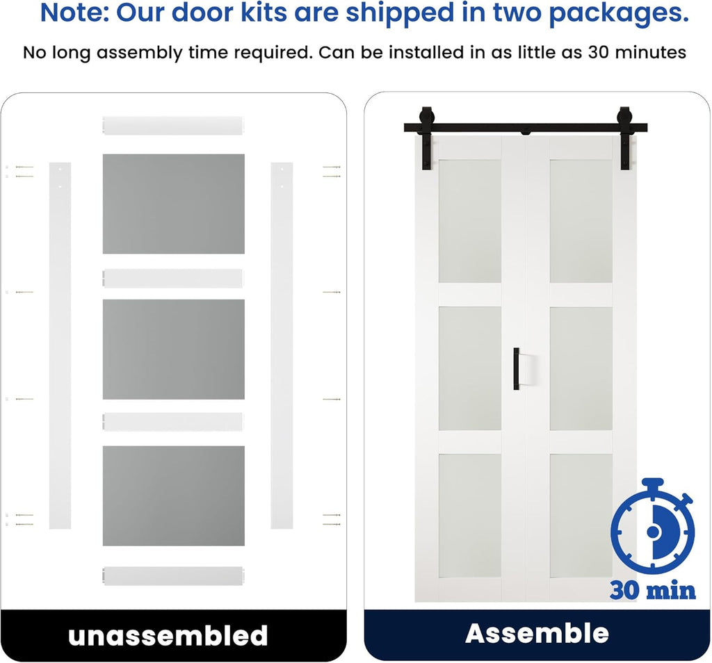 72in x 84in Bifold Barn Door, Frosted Glass Barn Door with Hardware Kit Included, Pre-Drilled Holes 