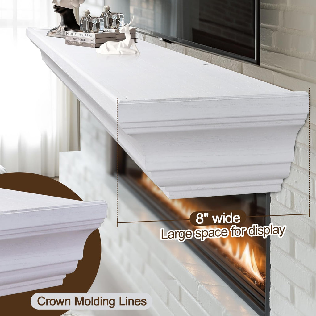 Rustic Fireplace Mantel 60", Solid Wood Floating Shelf, White
