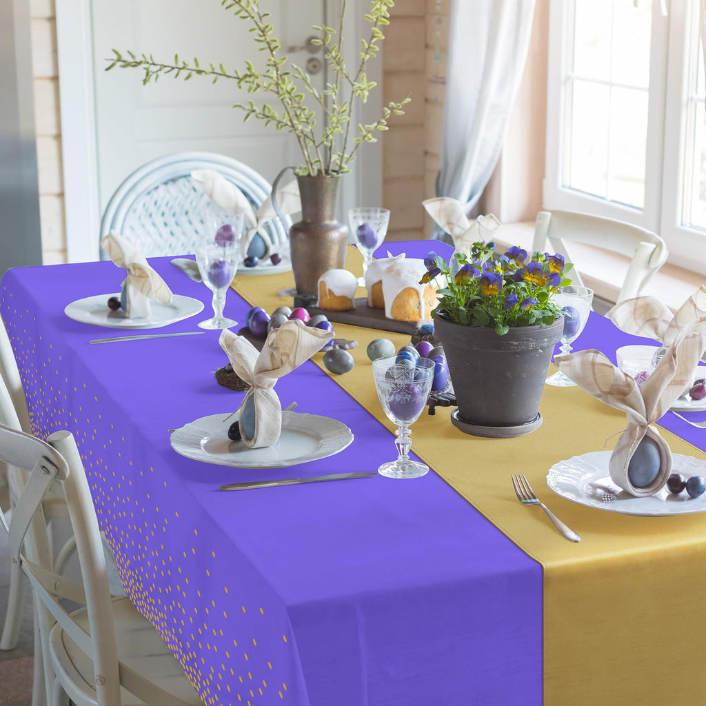 8Pack Disposable Plastic Tablecloths and Satin Table Runner Set Purple and Gold Dot Tablecloth Gold Satin Table