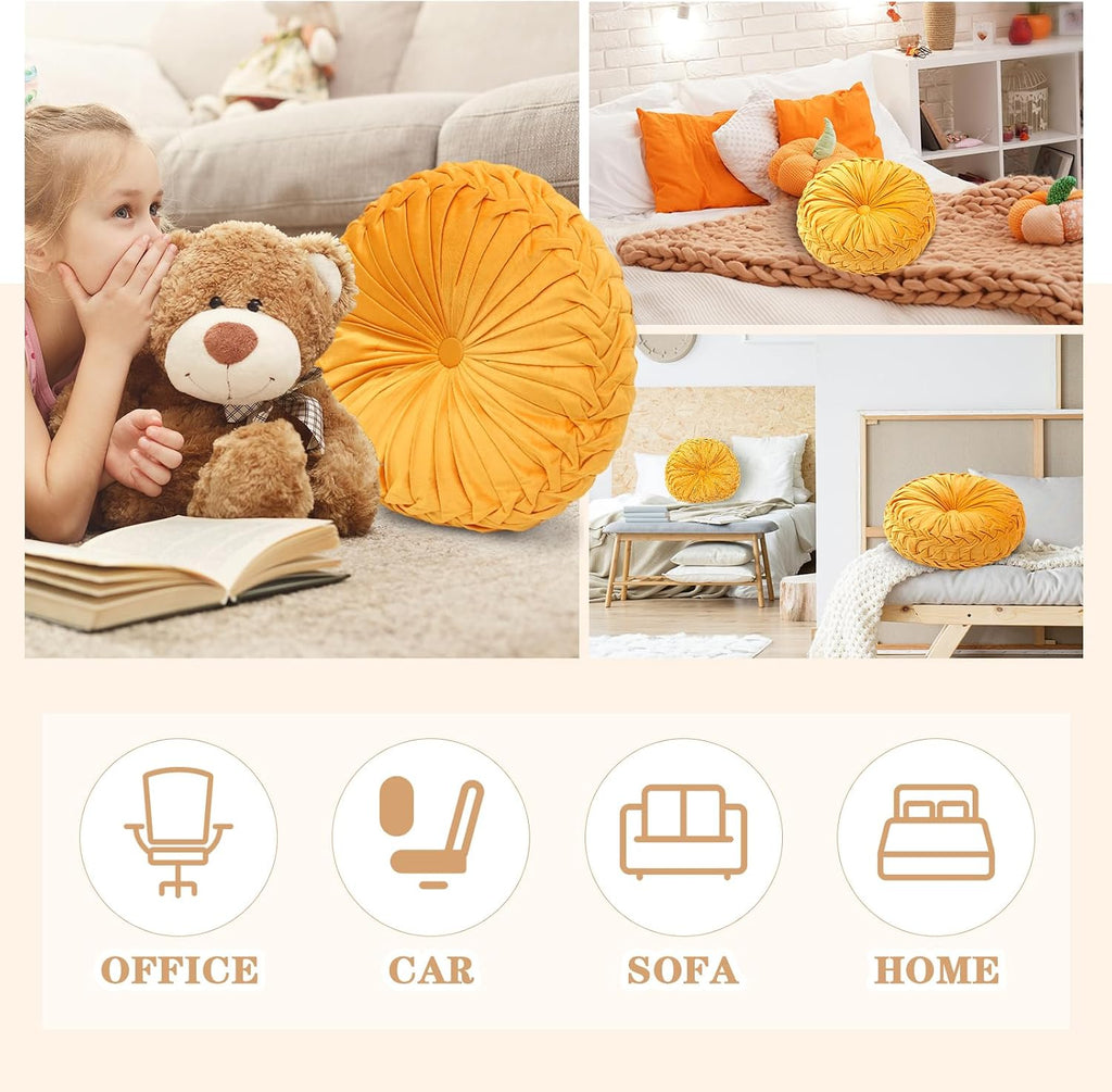 1 Pcs Round Throw Velvet Pillows Decorative Pleated Throw Pillows Diameter Accent Pumpkin Boho Chair Cushion,15'')