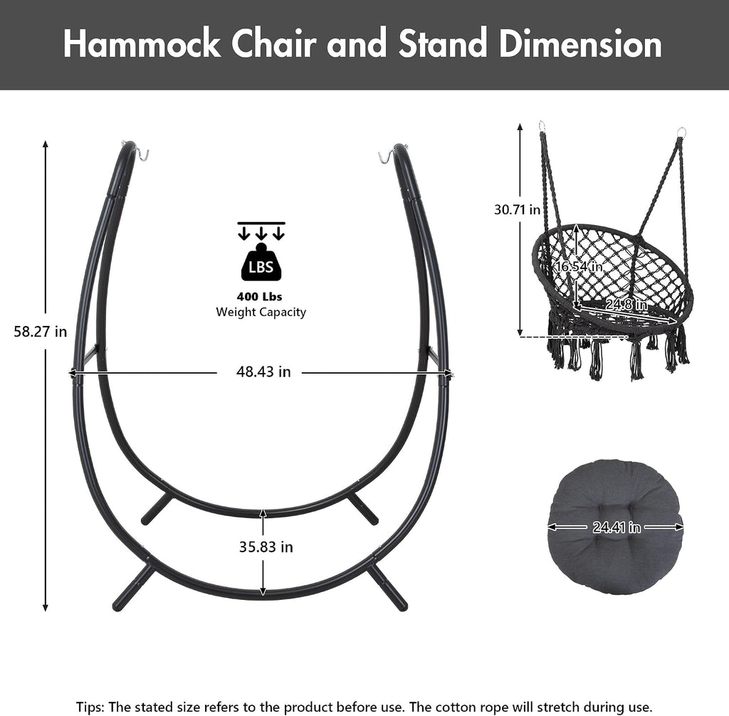 Outdoor Hanging Swing Chair with Stand and Seat Cushion, Dark Grey | Heavy Duty Steel Stand, Indoor Outdoor Use, 400