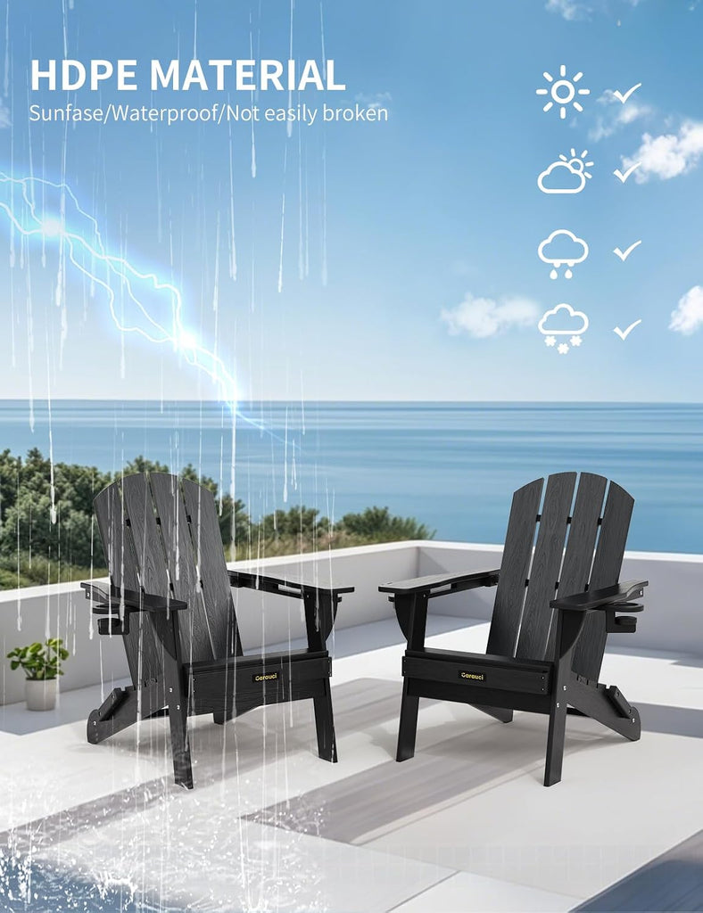 Folding Adirondack Chair, Wooden Textured Plastic Adirondack Chairs with 2 Cup Holder, Weather Resistant HDPE Fire