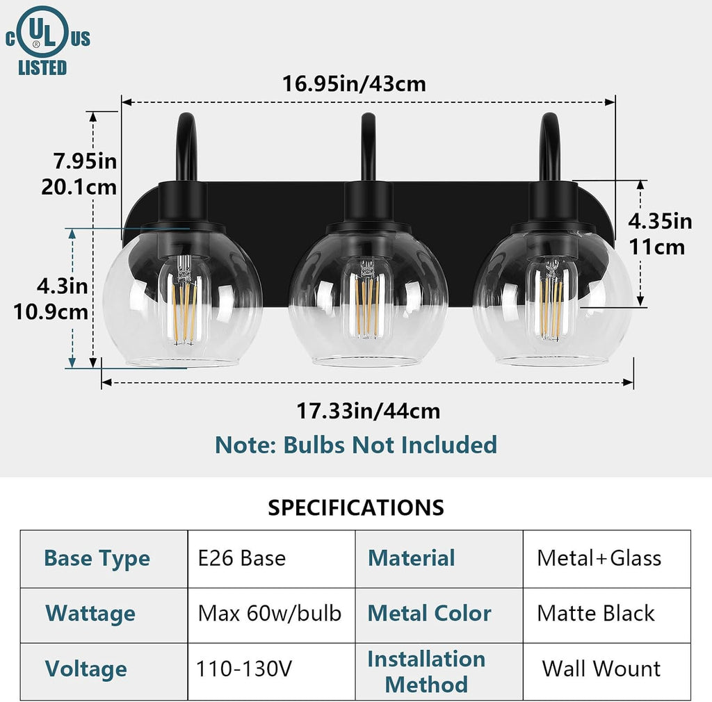 Bathroom Vanity Light,Modern 3-Light Bathroom Lighting Fixtures Over Mirror with Clear Glass Shade and Metal