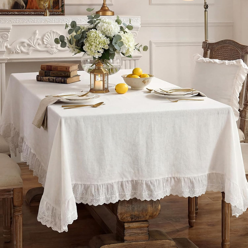 Vintage White Ruffle Tablecloth Retro Farmhouse Ruffled Cotton Tablecloth Rustic Embroidered Washabl