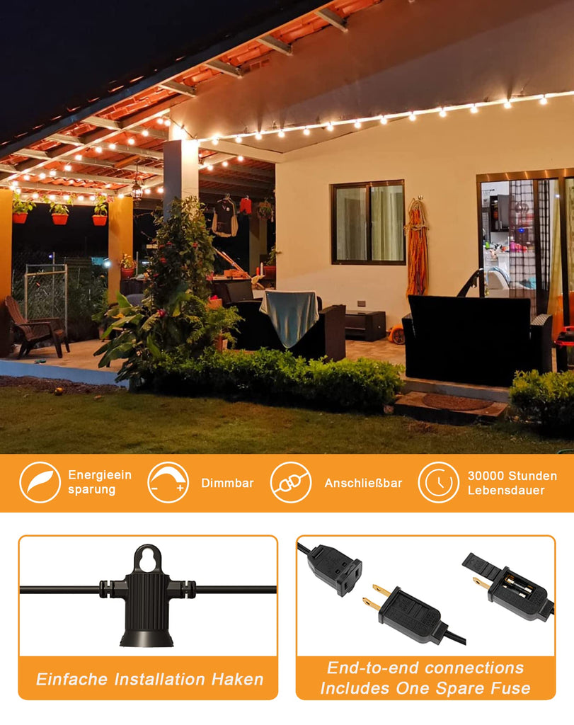 Outdoor String Lights, 50FT G40 LED IP65 Waterproof Patio Lights
