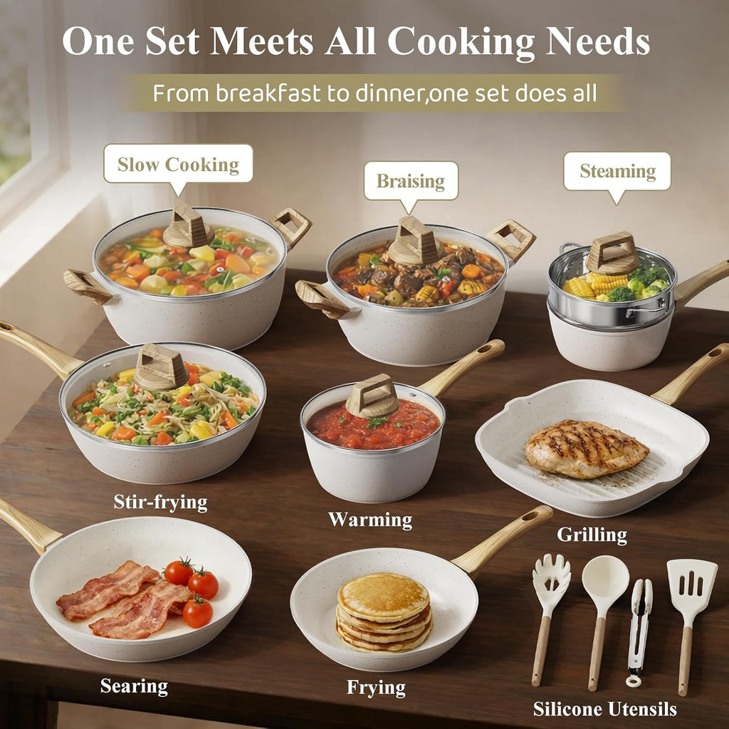 24Pcs Pots and Pans Set, Long-Lasting Ceramic Nonstick Cookware Set | Titanium-Reinforced Coating, PFAS-Free