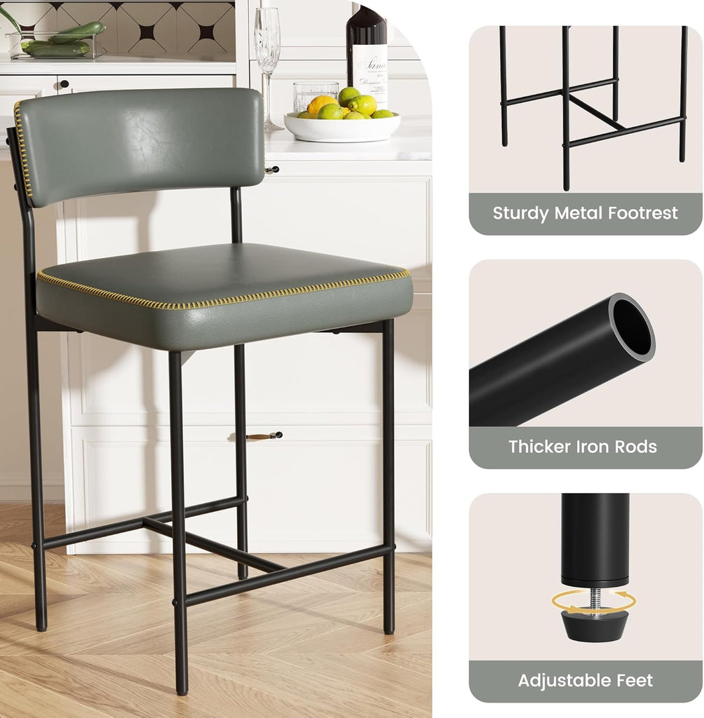 Bar Stools Set of 3, Faux Leather Counter Height Barstools with Curved Back, 25 Inch Upholstered Bar Chairs
