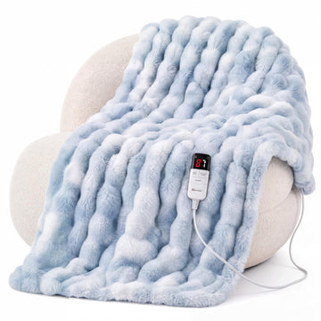 Heated Blanket Faux Rabbit Fur Electric Blanket 84"x90" Light Blue