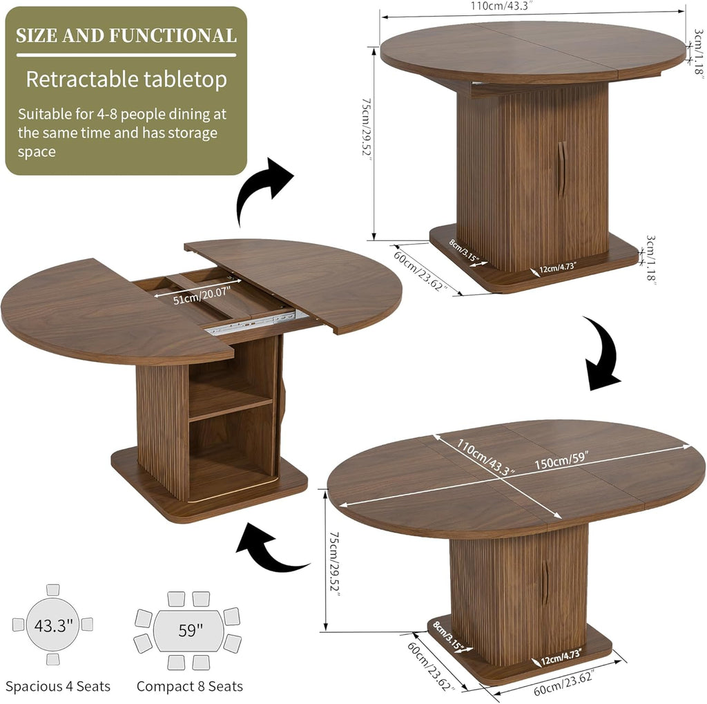 Extendable Round Dining Table for 4-6-8, 59 Inch Dining Room Kitchen Table with Storage, Fluted Wood Slide Door