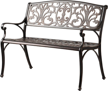 Cast Aluminum Patio Bench | Antique Bronze Finish | Heavy Duty Rust Free Metal Construction | Lightweight |