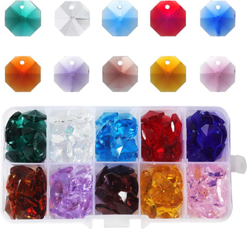 Lot 100pcs 1 Hole Glass Octagon Beads, Crystal Prism Suncatcher Chandelier Replacement Parts DIY Lamp Hanging Pendant