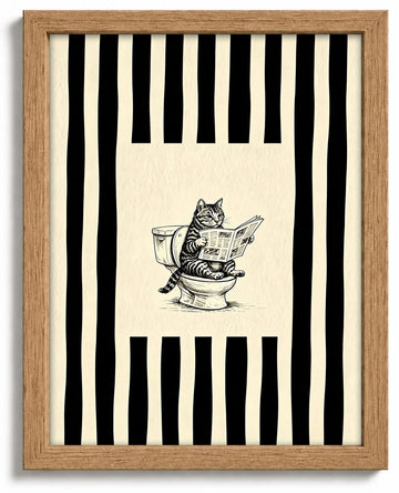 Framed Funny Bathroom Wall Art - Tabby Cat Reading Newspaper on Toilet Canvas Print, Vintage Striped Minimalist