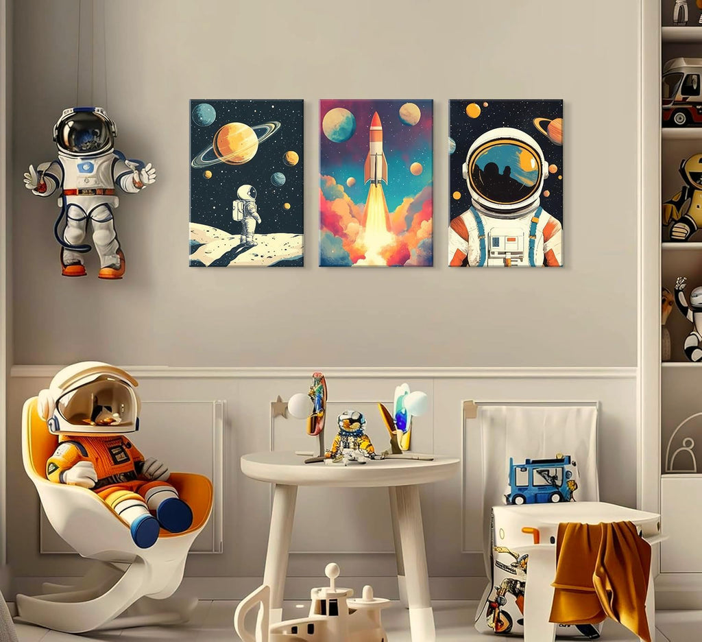 3 Pcs Space Canvas Wall Art Nursery Space Astronauts Kid Painting Pictures Wall Decor Explore Dream Galaxy Canvas