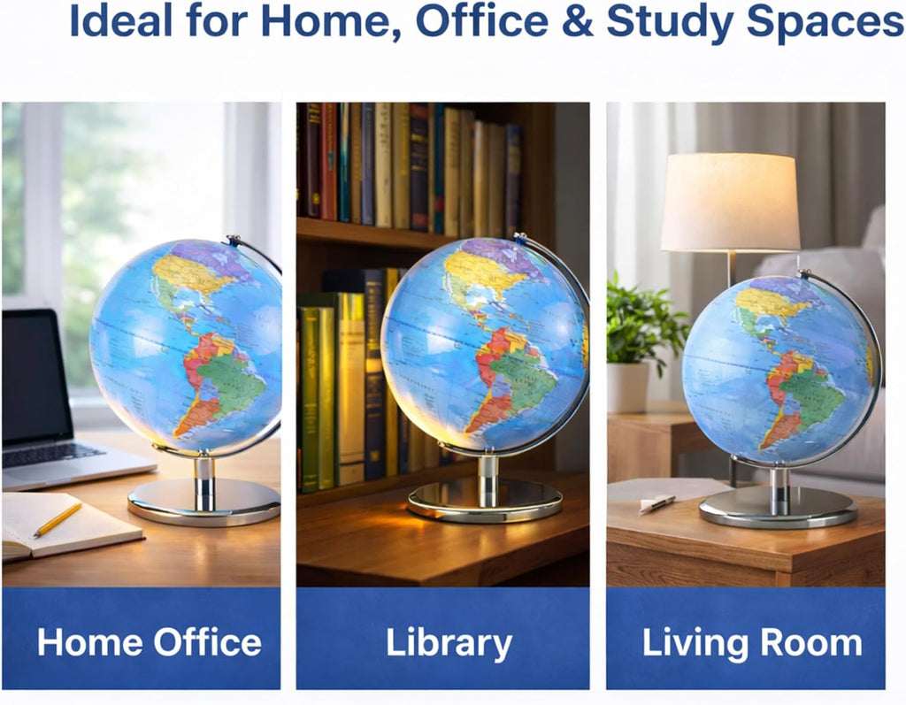 LED Illuminated World Globe with Chrome Rotating Stand - Desk Display Globe with Lighted Map, Metal Base, Plug